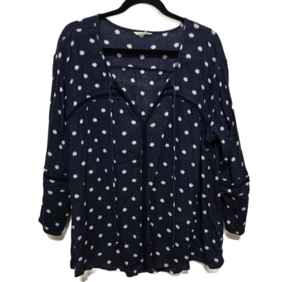 Caslon Tops - CASLON Blue Boho Blouse White Polka Dots Long Sleeves Size XL